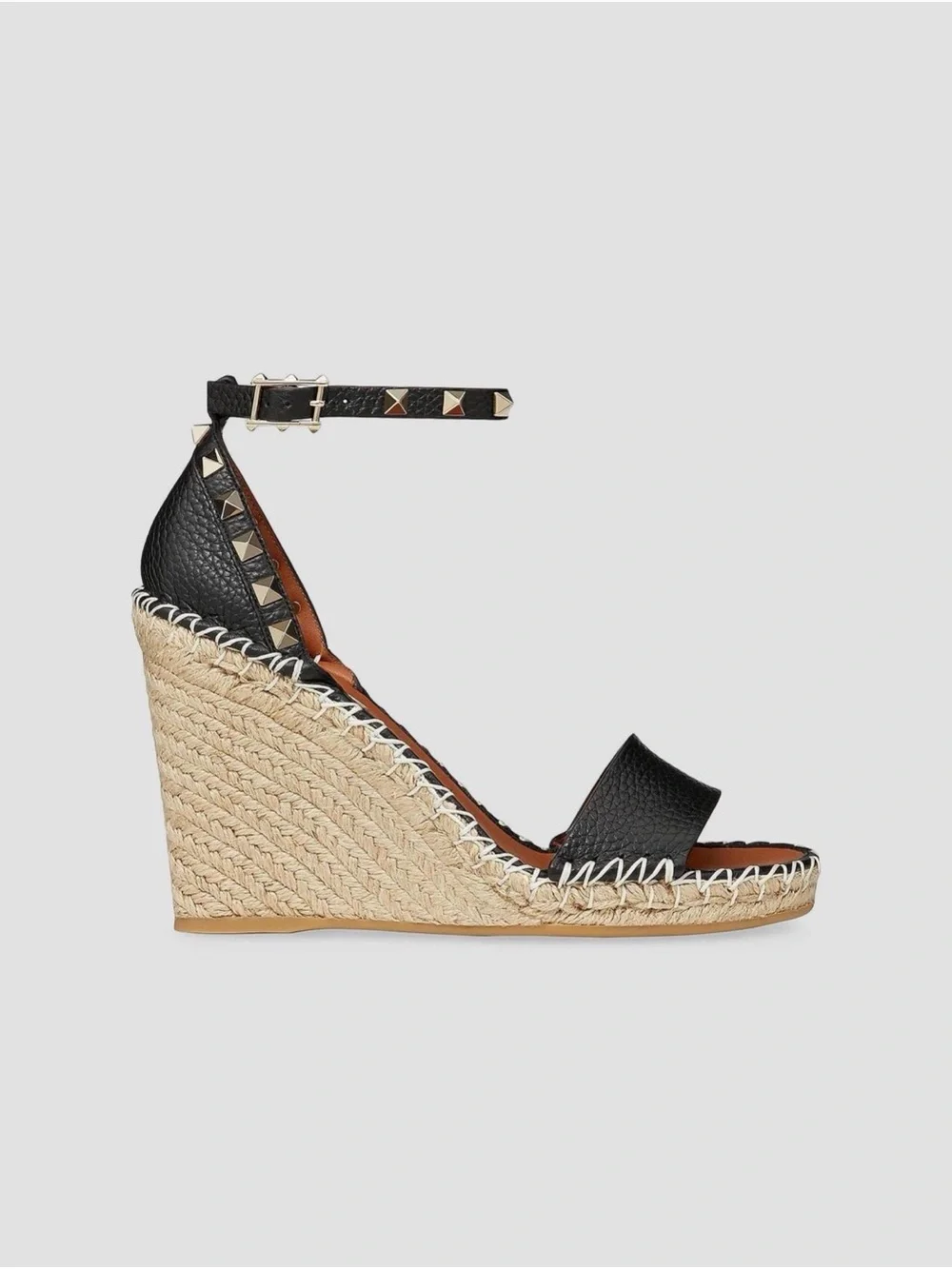 Valentino Black Leather Rockstud Espadrille Wedge Sandals